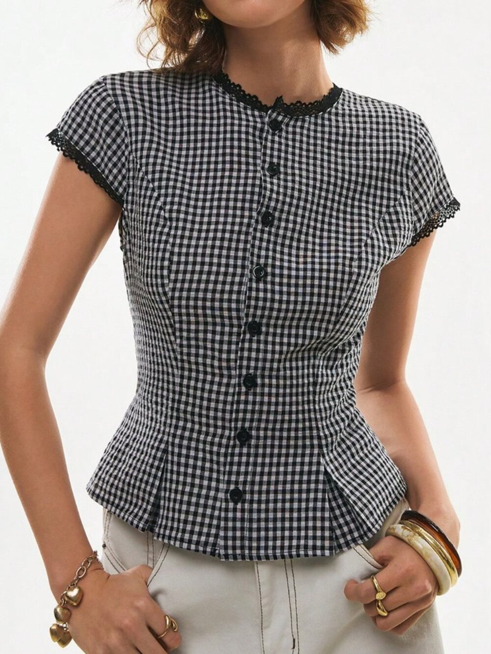 Black and White Casual Women's Gingham Lace Trim Peplum Button-Down Shirt - Picture 7 of 7